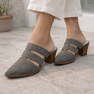 Dolce Vita Dark Grey Suede Pointed-Toe Fisherman Cage Slip-On Block Heel Mules